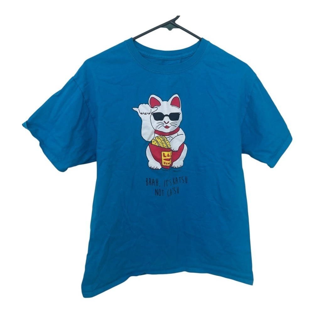 *New* Hanes blue lucky cat graphic “Brah, it’s Katsu not catsu” shirt